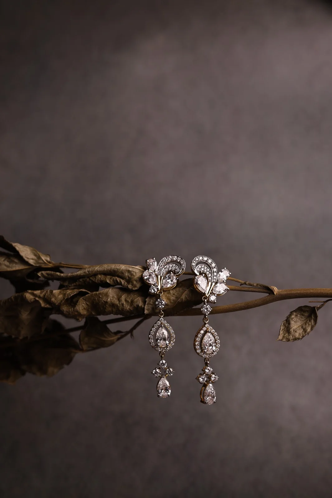 Aurique drop earrings resting on a dried botanical stem.